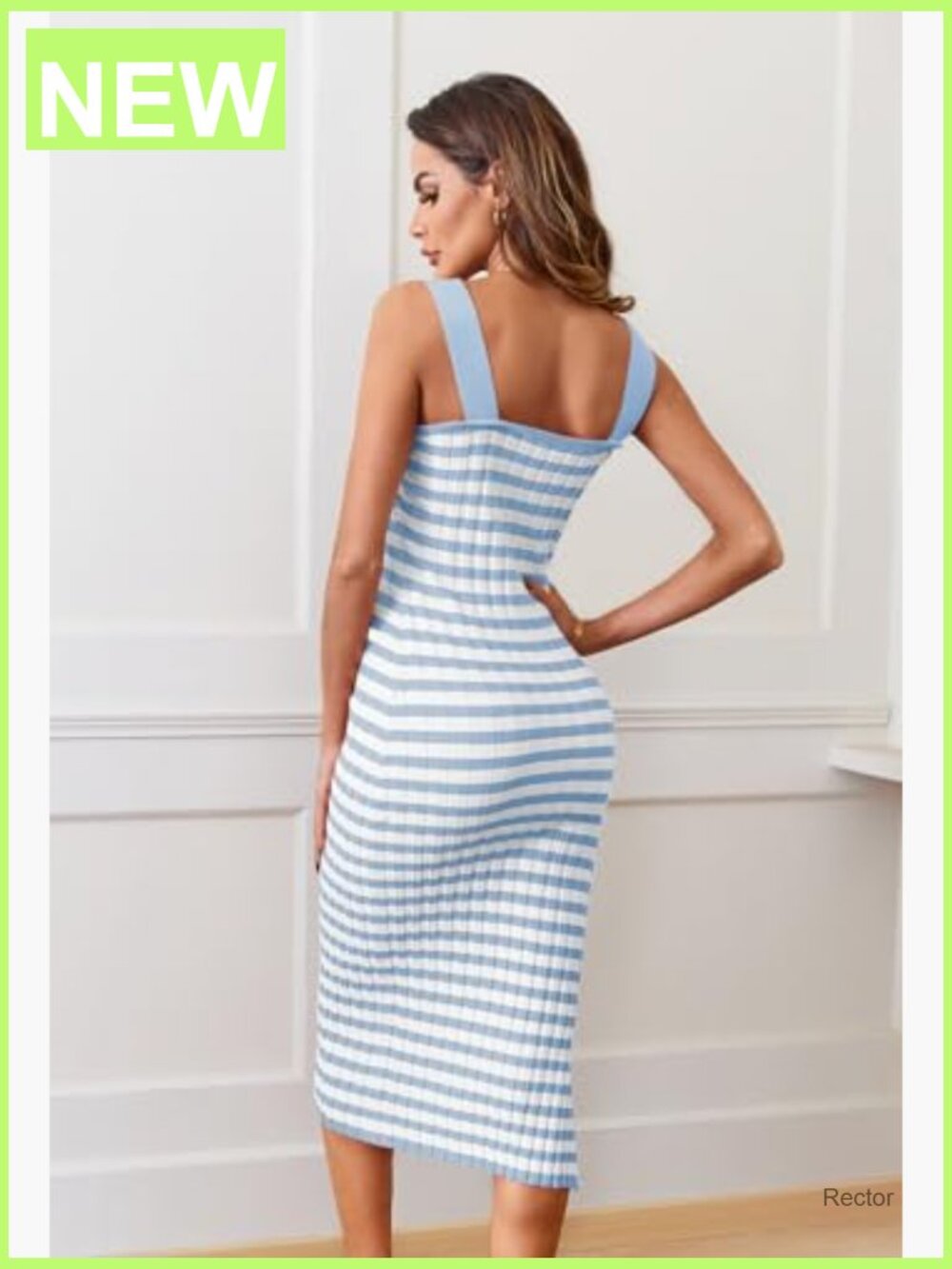 Sleeveless Ribbed Knit Bodycon Midi Dress Square Neck Side Slit - Picture 3 of 7